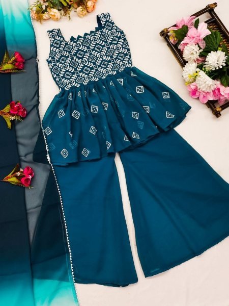 Trending  Embroidered with Beautiful Cut-Work  Stitched  Top - Palazzo with Dupatta For Baby Girl  Girls Wear