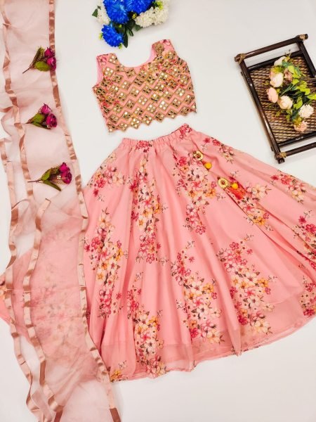 Trending Fancy Style Digital Print With Beautiful Embroidered   Work  Stitched Kids Lahenga -Blouse with Dupatta         Girls Wear