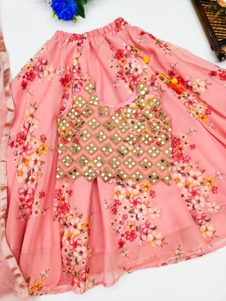 Trending Fancy Style Digital Print With Beautiful Embroidered   Work  Stitched Kids Lahenga -Blouse with Dupatta         Girls Wear