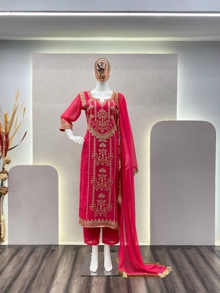 Trending Faux Georgette Embroidered With Real Foil Work Top  Pant And Dupatta 3 Piece Kurti Set