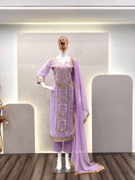 Trending Faux Georgette Embroidered With Real Foil Work Top  Pant And Dupatta 3 Piece Kurti Set