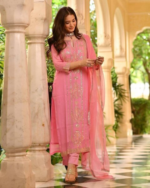 Trending Faux Georgette Embroidered With Real Foil Work Top  Pant And Dupatta 3 Piece Kurti Set