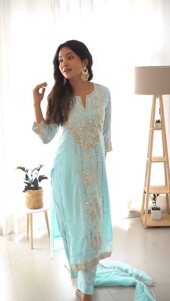 Trending Faux Georgette Embroidered With Real Foil Work Top  Pant And Dupatta 3 Piece Kurti Set