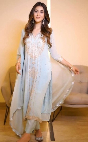 Trending Faux Georgette Embroidered With Real Foil Work Top  Pant And Dupatta 3 Piece Kurti Set