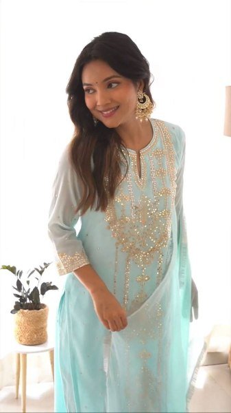 Trending Faux Georgette Embroidered With Real Foil Work Top  Pant And Dupatta 3 Piece Kurti Set