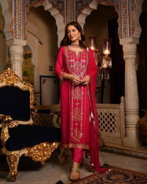 Trending Faux Georgette Embroidered With Real Foil Work Top  Pant And Dupatta 3 Piece Kurti Set