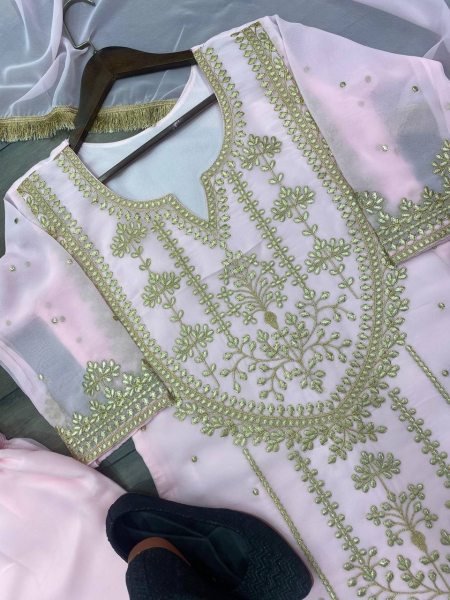 Trending Faux Georgette Embroidered With Real Foil Work Top  Pant And Dupatta 3 Piece Kurti Set