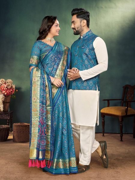 Trending Jacquard Couple Combo Set Mens Kurta Pajama with Silk Koti   Womens Saree for Wedding Wear