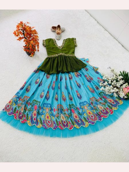 Trending Chinon Silk Lehenga Choli For Kid s with Embroidery work Girls Wear