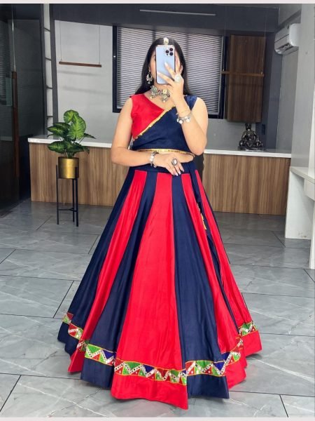 Festival Wear Plain Cotton Mirror Work Lahenga Choli  Navratri Lehnega Choli