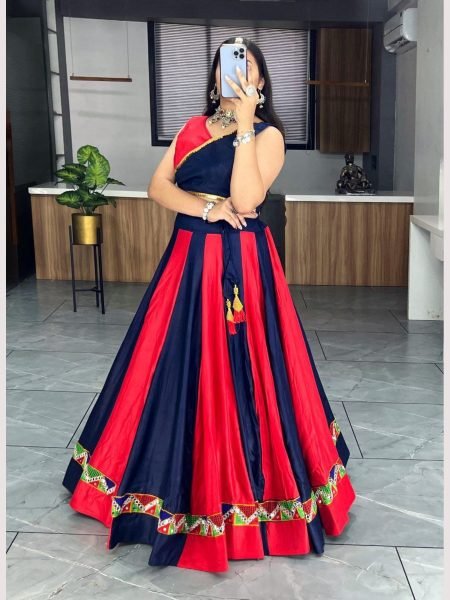 Festival Wear Plain Cotton Mirror Work Lahenga Choli  Navratri Lehnega Choli
