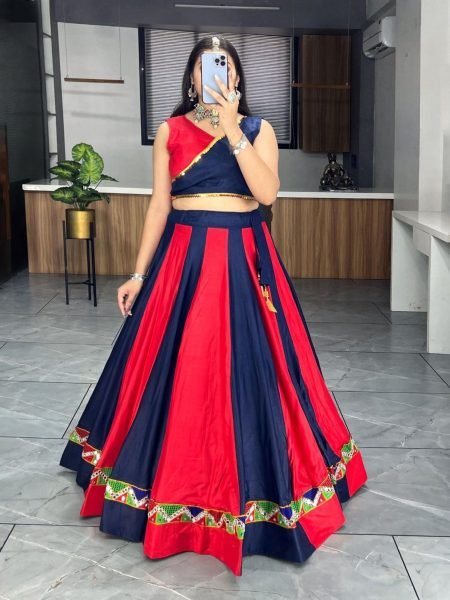 Festival Wear Plain Cotton Mirror Work Lahenga Choli  Navratri Lehnega Choli