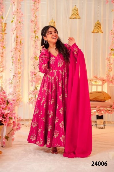 Trending Party Wear Anarkali Rayon silk Pink leaf suit set For Best Price Anarkali Kurtis 