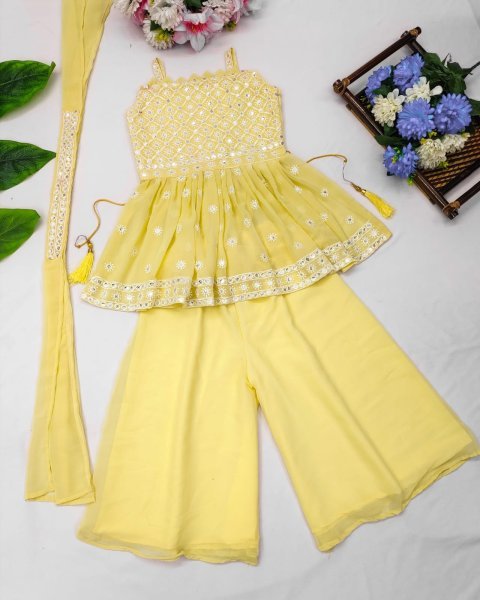 Trending Sequins Embroidered with Beautiful Cut Work  Stitched  Top   Palazzo with Dupatta  For Kids Girl  Girls Wear