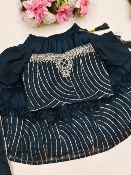 Trending Sequins Embroidered with Beautiful Cut-Work  Stitched Lahenga -Blouse with Dupatta For  Baby Girl Girls Wear