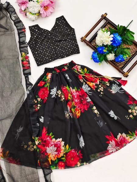 Trending Sequins Embroidered with Beautiful Prented -Work  Stitched Kids Lahenga  Girls Wear