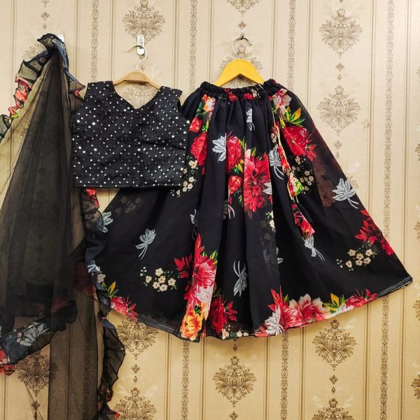 Trending Sequins Embroidered with Beautiful Prented -Work  Stitched Kids Lahenga  Girls Wear