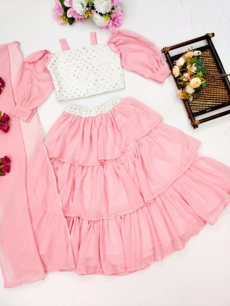 Trending Sequins Embroidered with Beautiful Pink lehanga Stitched Lahenga -Blouse with Dupatta For Baby Girl Girls Wear