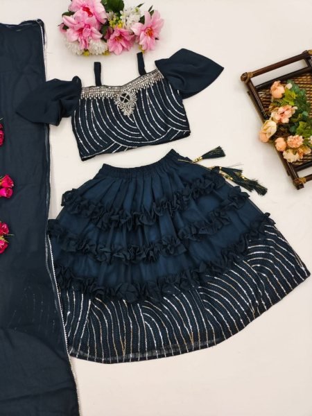 Trending Sequins Embroidered with Beautiful Cut-Work  Stitched Lahenga -Blouse with Dupatta For  Baby Girl Girls Wear