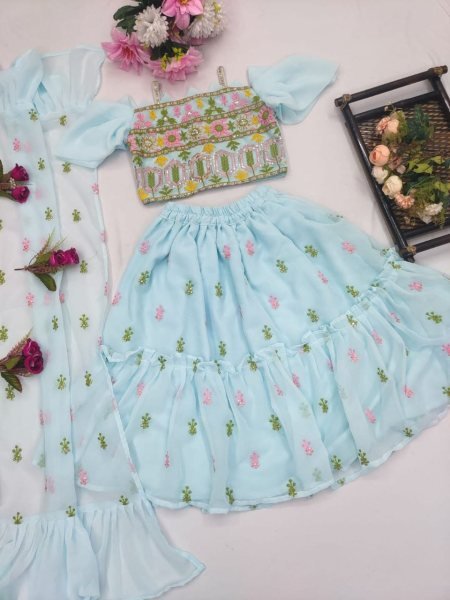 Trending Sequins Embroidered with Beautiful Cut-Work  Stitched Kids  Lahenga Girls Wear