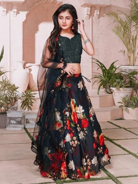 Trending Sequins Embroidered with Beautiful Prented -Work  Stitched Kids Lahenga  Girls Wear