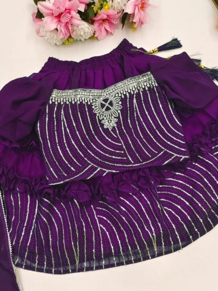 Trending Sequins Embroidered with Beautiful Cut-Work  Stitched Lahenga -Blouse with Dupatta For  Baby Girl Girls Wear