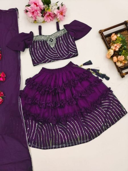 Trending Sequins Embroidered with Beautiful Cut-Work  Stitched Lahenga -Blouse with Dupatta For  Baby Girl Girls Wear