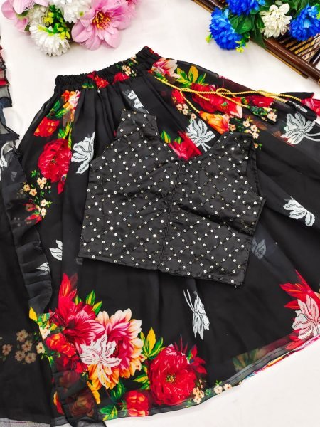 Trending Sequins Embroidered with Beautiful Prented -Work  Stitched Kids Lahenga  Girls Wear
