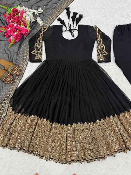 Trendsetting Blooming Georgette 5mm Sequence Embroidered Anarkali with Pant   Dupatta for Party Wear Anarkali Kurtis 