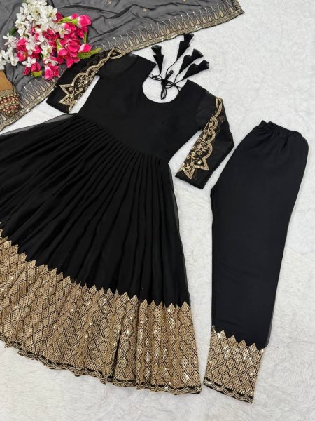 Trendsetting Blooming Georgette 5mm Sequence Embroidered Anarkali with Pant   Dupatta for Party Wear Anarkali Kurtis 