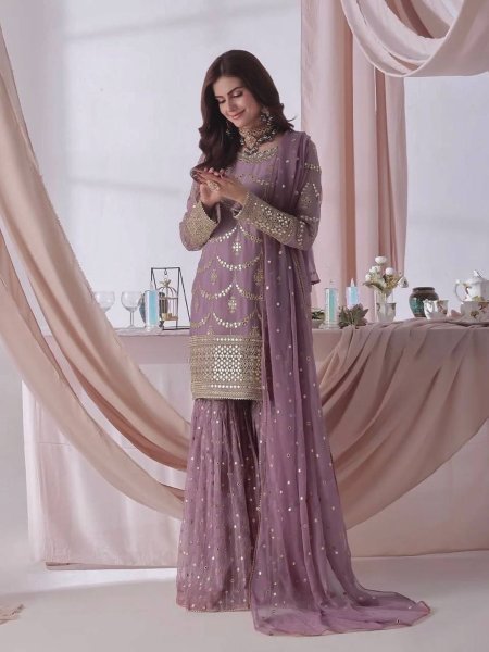 Trendsetting Lavender 3 Piece  Embroidery Sequence Work Sharara Suit  for  Party Wear for Bulk Buyers  Ready To Wear Collection