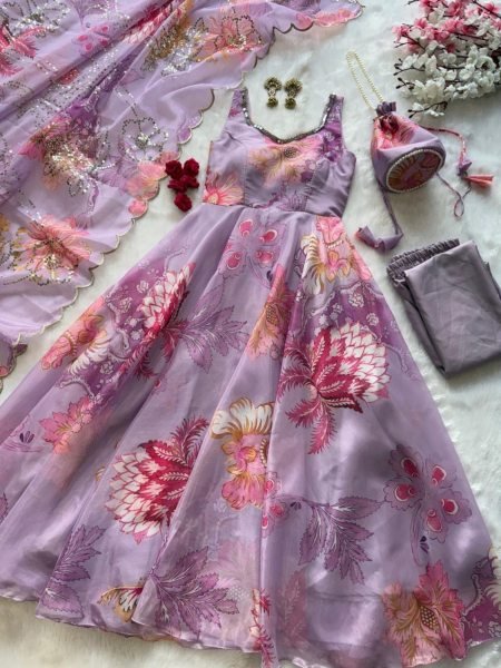 Trendsetting Lavender Floral Print Organza Silk Gown with Batwa Bag at Manufacturer Rate 
