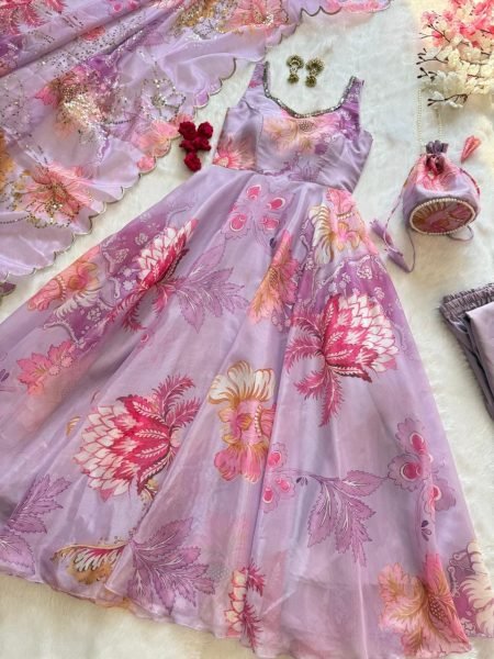 Trendsetting Lavender Floral Print Organza Silk Gown with Batwa Bag at Manufacturer Rate Anarkali Kurtis 