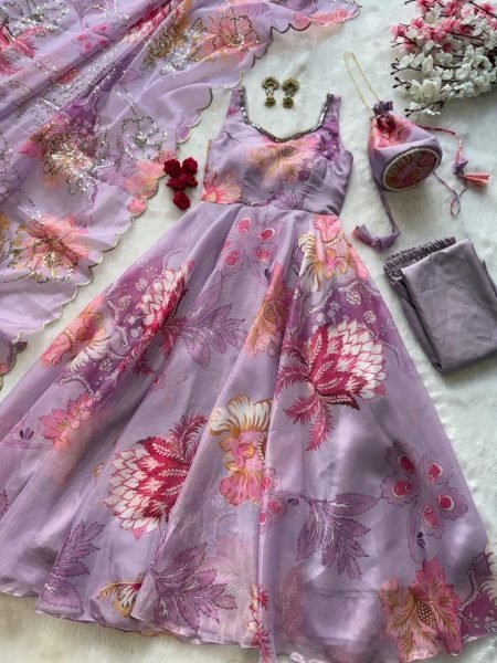 Trendsetting Lavender Floral Print Organza Silk Gown with Batwa Bag at Manufacturer Rate Anarkali Kurtis 