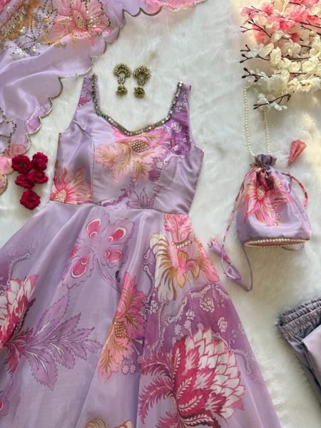 Trendsetting Lavender Floral Print Organza Silk Gown with Batwa Bag at Manufacturer Rate Anarkali Kurtis 