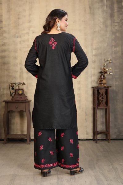Trendy Black Chikankari Embroidered Kurti Plazo Set Pure Rayon Wholesale Price Lucknowi Chikankari Kurtis Wholesale