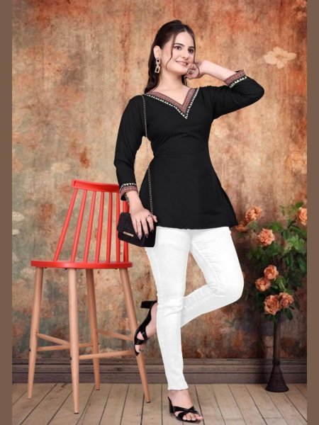 Trendy Black Kurti Style Top with Printed Neck Perfect for Office Wear   Daily Fashion Tunics kurti