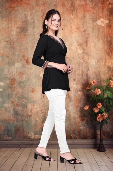 Trendy Black Kurti Style Top with Printed Neck Perfect for Office Wear   Daily Fashion Tunics kurti