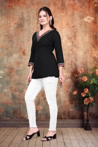 Trendy Black Kurti Style Top with Printed Neck Perfect for Office Wear   Daily Fashion Tunics kurti