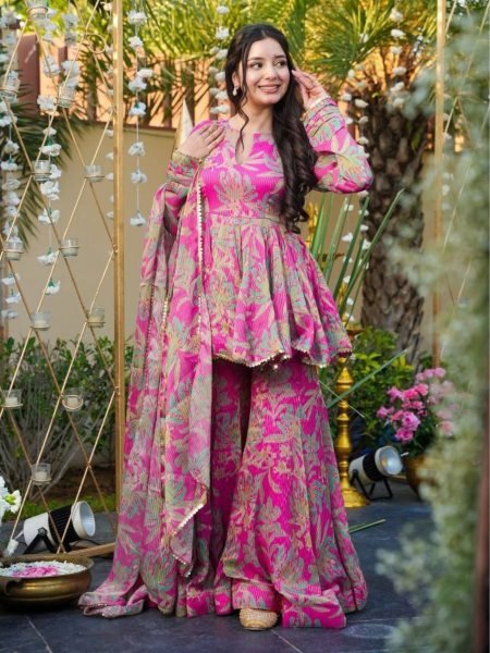 Trendy Chinon Silk Digital Printed Top Bottom Suit Set with Sequins Lace Dupatta for party wear Ready To Wear Suit