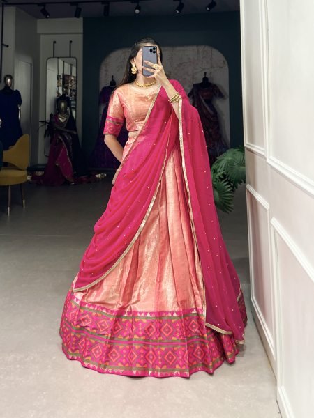Trendy Jacquard Silk Stitched Kanjivaram Weaving Saree Lehenga Choli Set Half Saree Lehenga