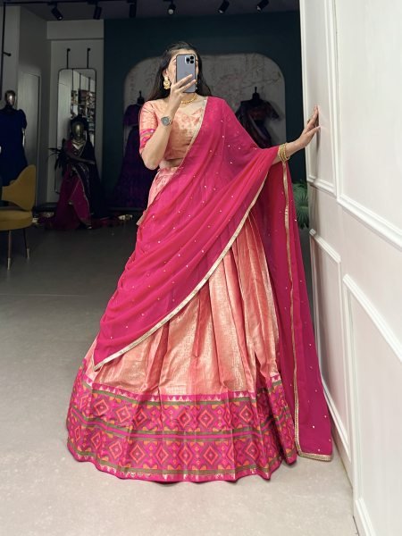 Trendy Jacquard Silk Stitched Kanjivaram Weaving Saree Lehenga Choli Set Half Saree Lehenga