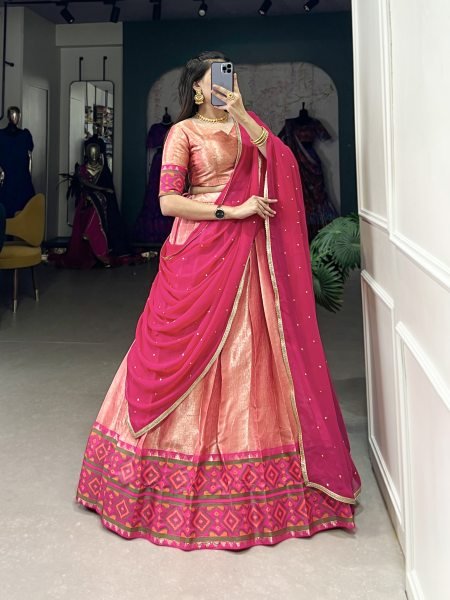 Trendy Jacquard Silk Stitched Kanjivaram Weaving Saree Lehenga Choli Set Half Saree Lehenga