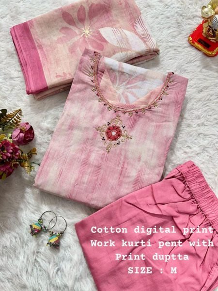 Trendy Kurti With Pure Cotton Gaji Print Silk Pent With Dupatta 