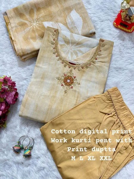 Trendy Kurti With Pure Cotton Gaji Print Silk Pent With Dupatta Cotton Kurtis Wholesale