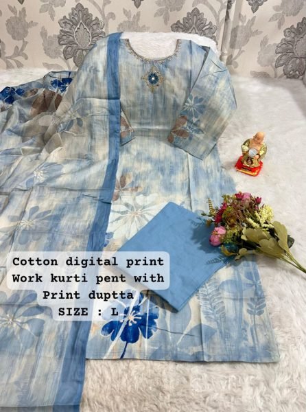 Trendy Kurti With Pure Cotton Gaji Print Silk Pent With Dupatta Cotton Kurtis Wholesale