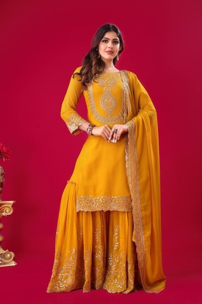 Trendy Mustard Ethnic Suit with Plazzo Thread and Sequin Embroidery & Lace Border Dupatta 2025 Ready To Wear Collection