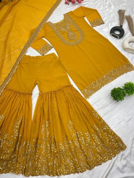 Trendy Mustard Ethnic Suit with Plazzo Thread and Sequin Embroidery & Lace Border Dupatta 2025 Ready To Wear Collection