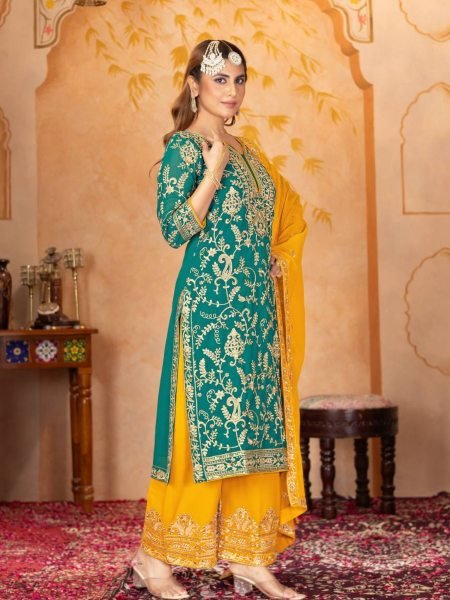 Trendy Party Wear Palazzo Suit in Georgette with Heavy Embroidery Wedding Special Edition