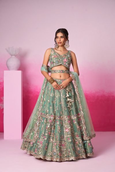 Trendy Pretty Women Bridal Leheng Set Green Color Lehenga With Embroidery Work & Mirror Work  Bridal Lehenga Choli
